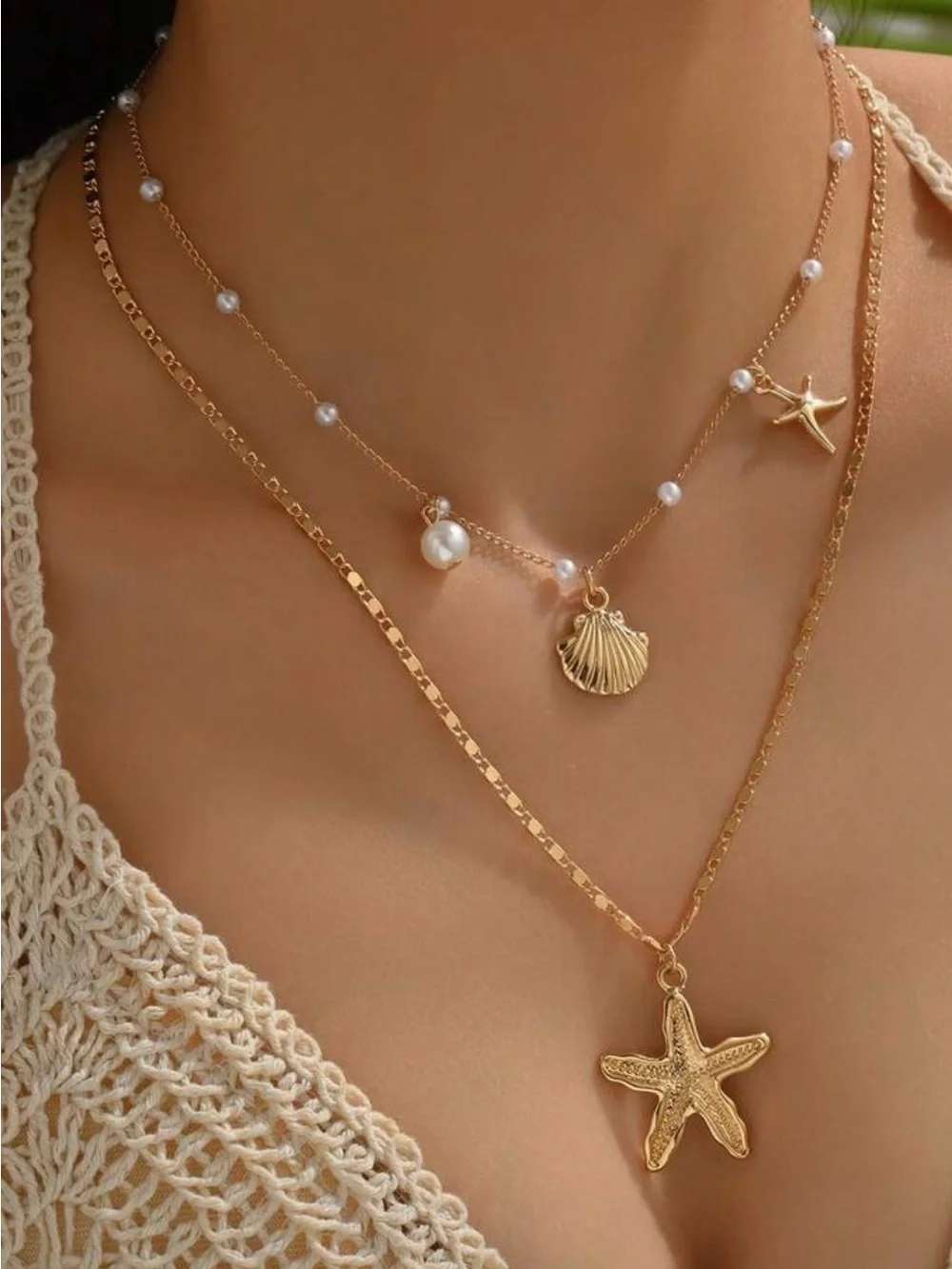 Gold Starfish & Pearl Layered Necklace Set – 2 Separate Necklaces